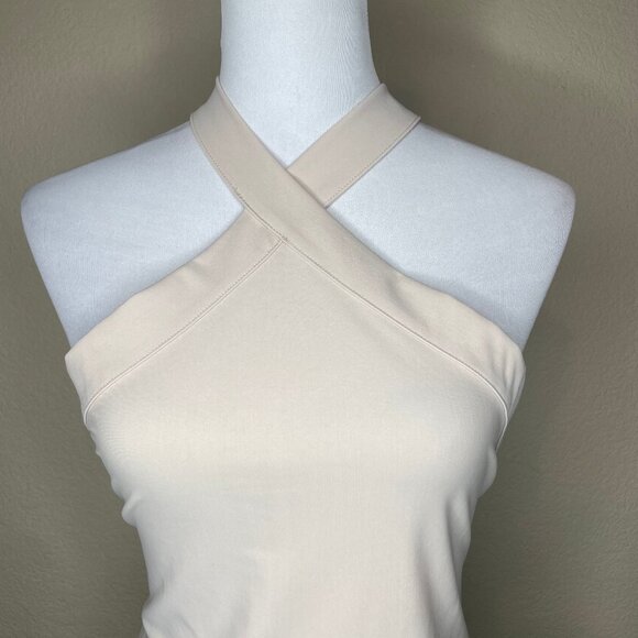 H&M NWT Beige Criss Cross Halter Back Bodycon Midi Dress L 12 Occasion Event - Picture 2 of 9